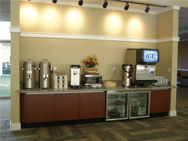 The Dining Room features a beverage counter stocked with hot and cold drinks all day.